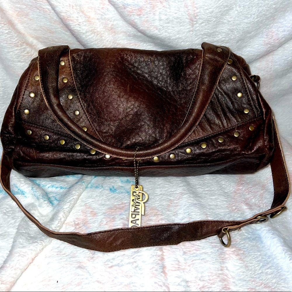 Brown Leather Rampage Satchel with Gold Stud Detailing